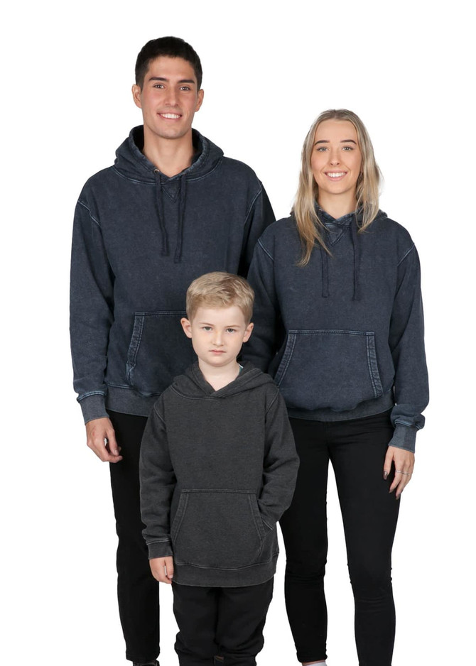 A collection of stone-wash fleece hoodies in dark grey, worn by two adults and one child. The image includes a logo.