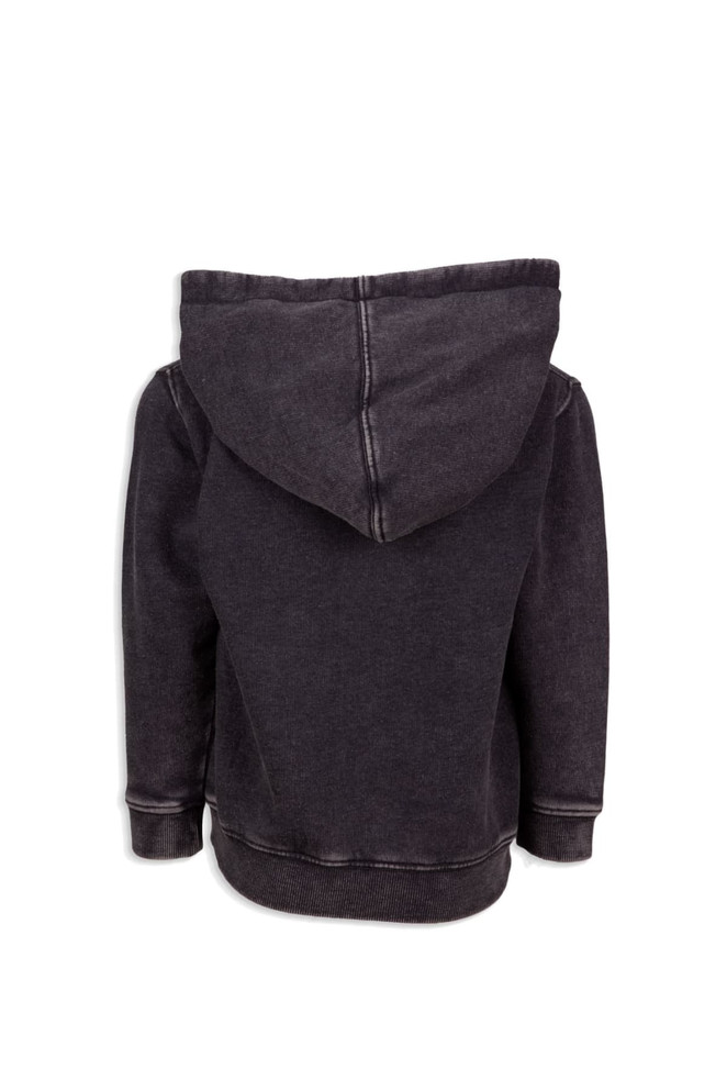 A grey stone wash fleece hoodie featuring a large hood and ribbed cuffs. It has a branding logo.