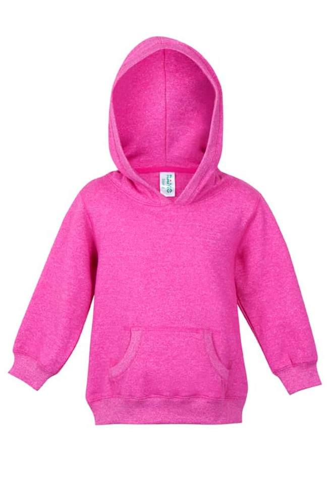 A pink hoodie with a front pocket and a hood, designed for babies. It features a tag and branding inside.
