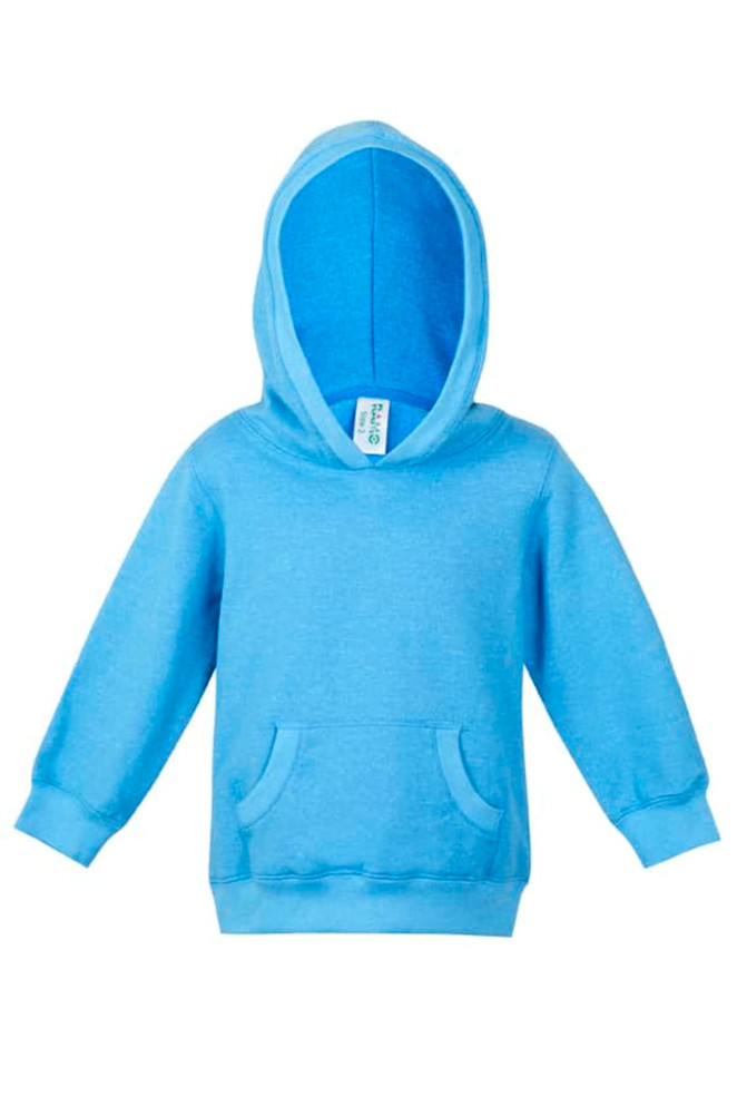 A light blue hoodie featuring a hood and front pocket, designed for infants. It has a logo tag.