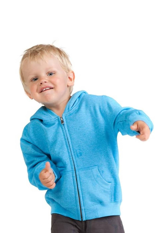 A child model is wearing a bright blue zip hoodie with a front pocket, displaying a joyful expression.