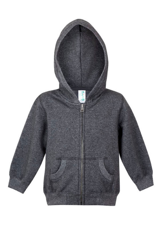 A grey zip-up hoodie for babies featuring a hood and front pockets. Includes a branding tag.