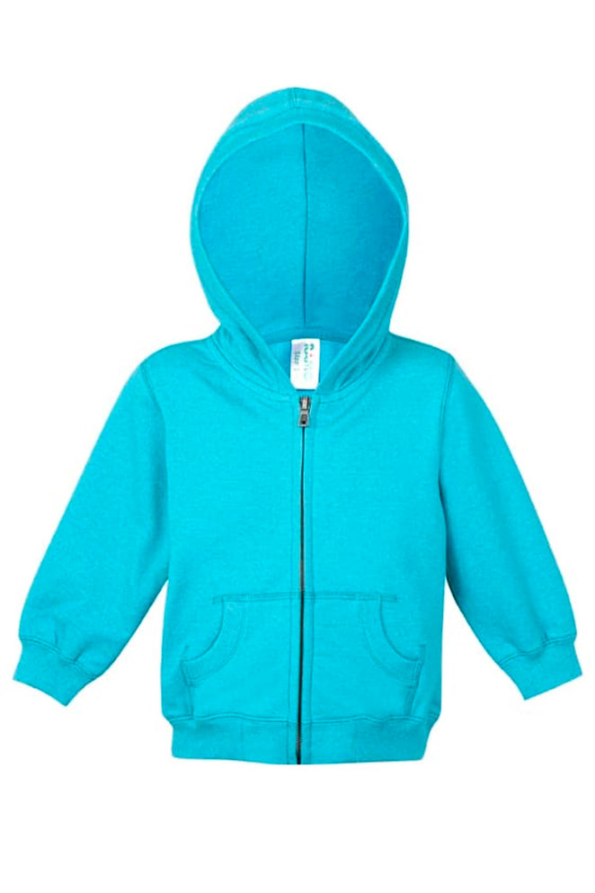 A turquoise zip hoodie with a hood and front pockets, featuring a branded label.
