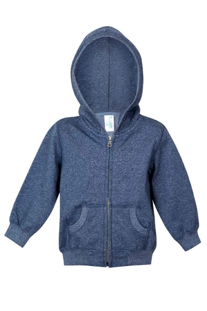 A navy blue zip hoodie for babies with a hood and front pockets. Features a tag inside and has a logo.