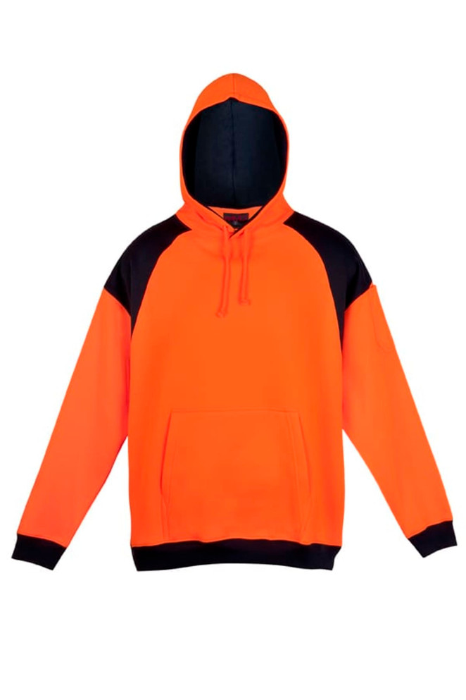 An orange and black hoodie with a contrasting panel design, featuring a hood and a front pocket.