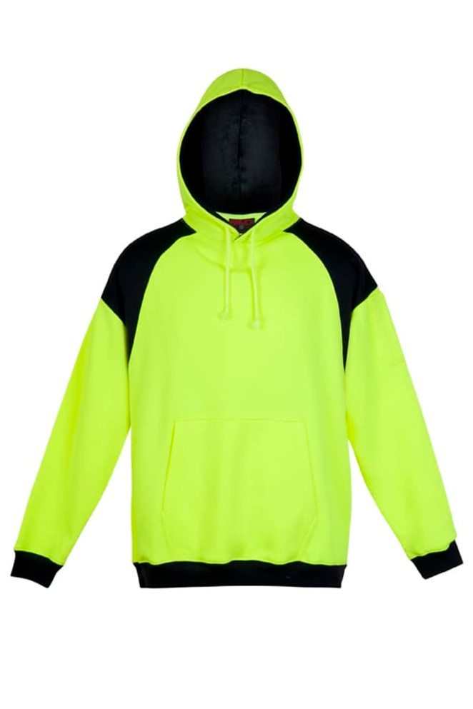 A bright yellow hoodie with a black contrast panel and a kangaroo pocket, featuring a hood and an unseen logo.