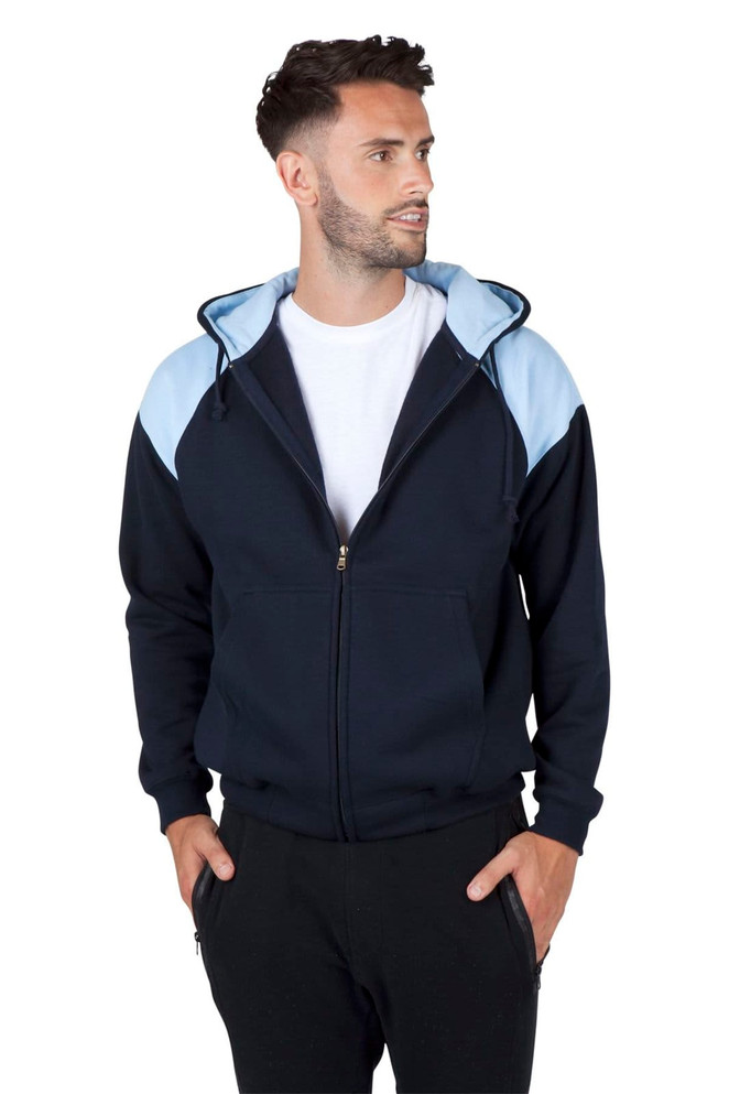 A navy blue hoodie with light blue contrast panels, featuring a front zip and a hood. It has a branding logo.