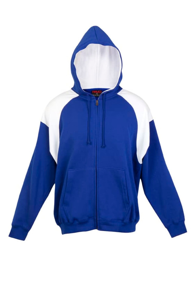 A blue zip hoodie with white contrast panels and a hood. It features a front zipper and pockets.