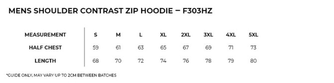 A size chart for the Men's Shoulder Contrast Zip Hoodie, detailing half chest measurements and lengths in various sizes.