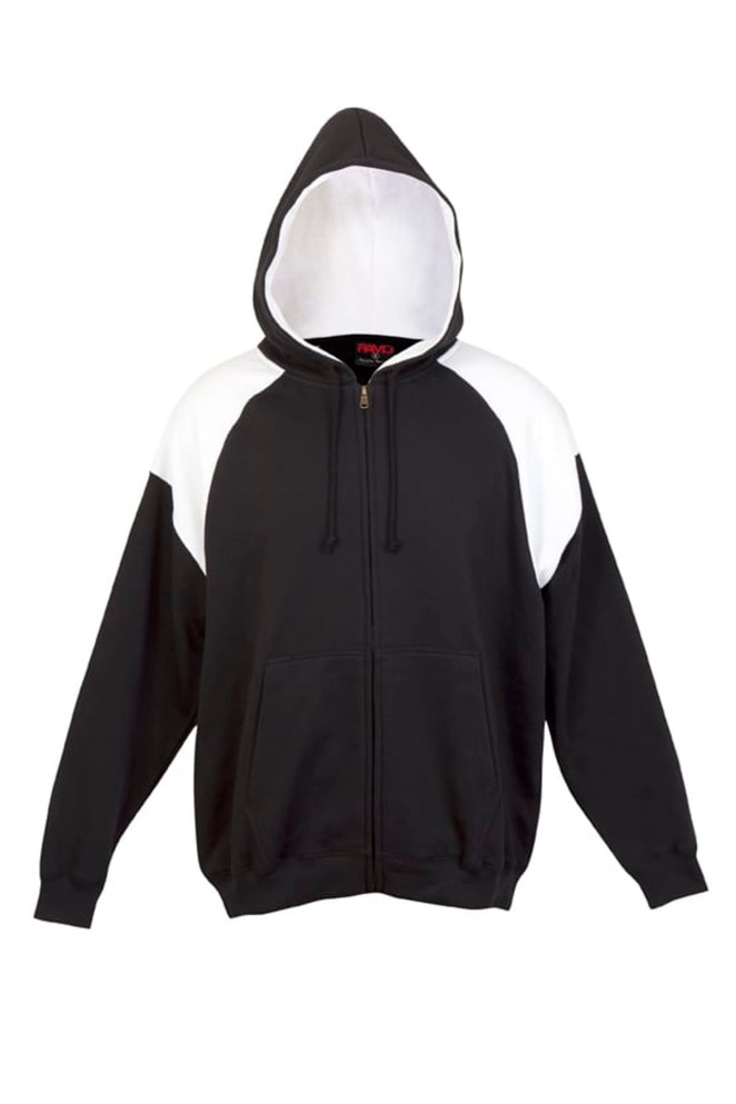 A black zip hoodie with contrasting white shoulder panels and a hood, featuring a logo on the front.