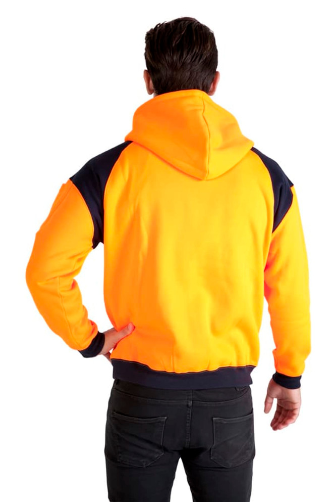 A bright orange hoodie with navy blue contrast panels and a hood, featuring a logo on the front.