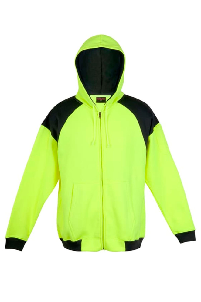 A bright yellow hoodie with black contrasting shoulders and a zipper, featuring a hood.