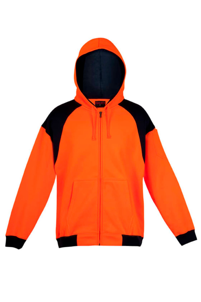 A bright orange hoodie with black contrast sleeves and a zipper, featuring a hood and a logo.