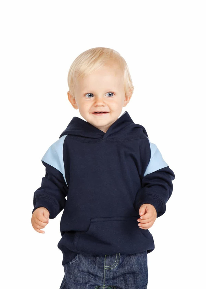 A child wearing a navy blue hoodie with light blue shoulder panels. The hoodie features a front pocket and a hood.