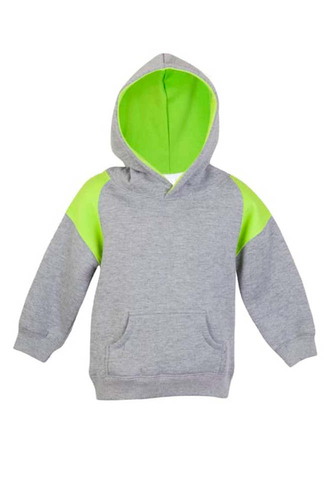 A grey hoodie with a green contrast panel on the shoulders and a green-lined hood. Features a front pocket and a logo.