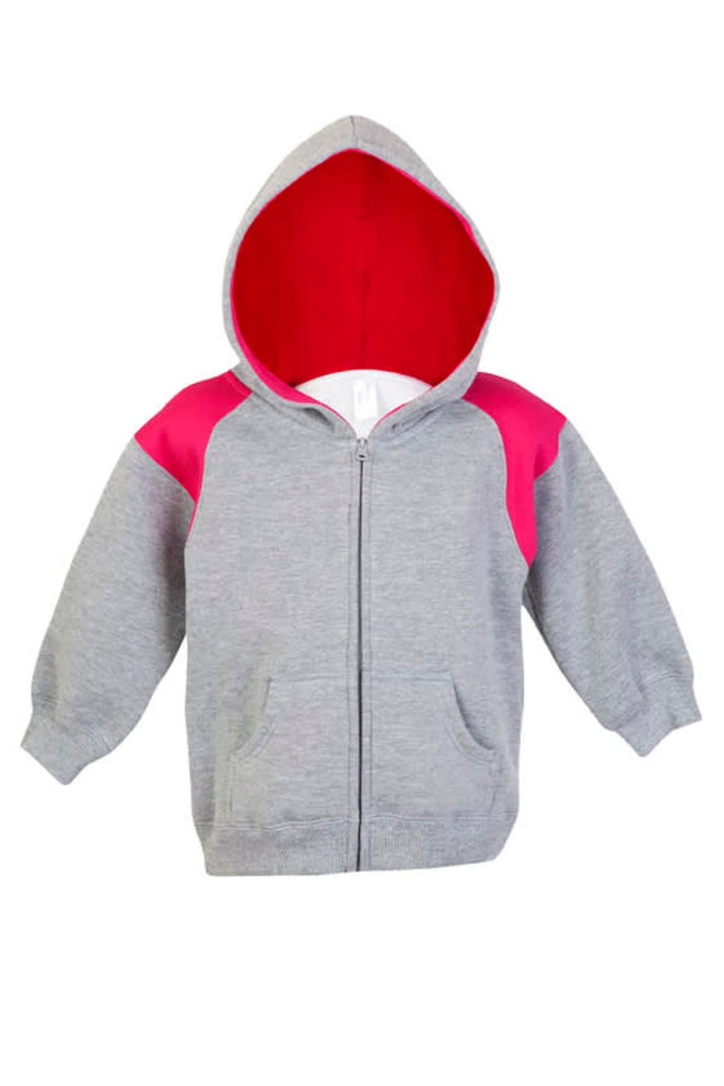 A grey hoodie with pink contrast panels and a red-lined hood, featuring a zipper and front pockets.
