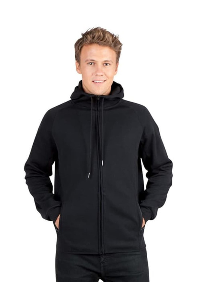 A black men's hoodie made from soft cotton and bonded polar fleece, featuring a zip front and a hood.