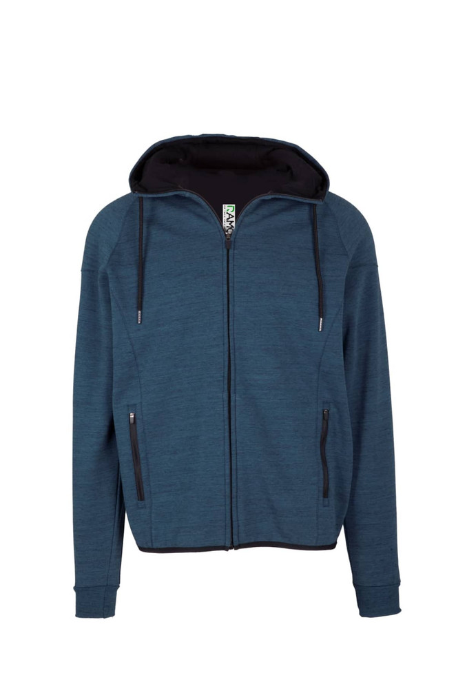 A men's hoodie featuring a soft cotton and bonded polar fleece blend in a blue colour with a black hood and zippered pockets.