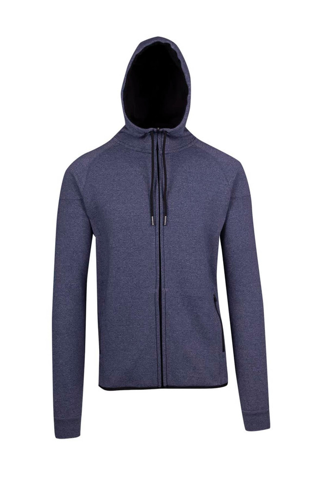 A hooded jumper in navy blue with a zip front and black lining, featuring a logo. Ideal for cooler weather.