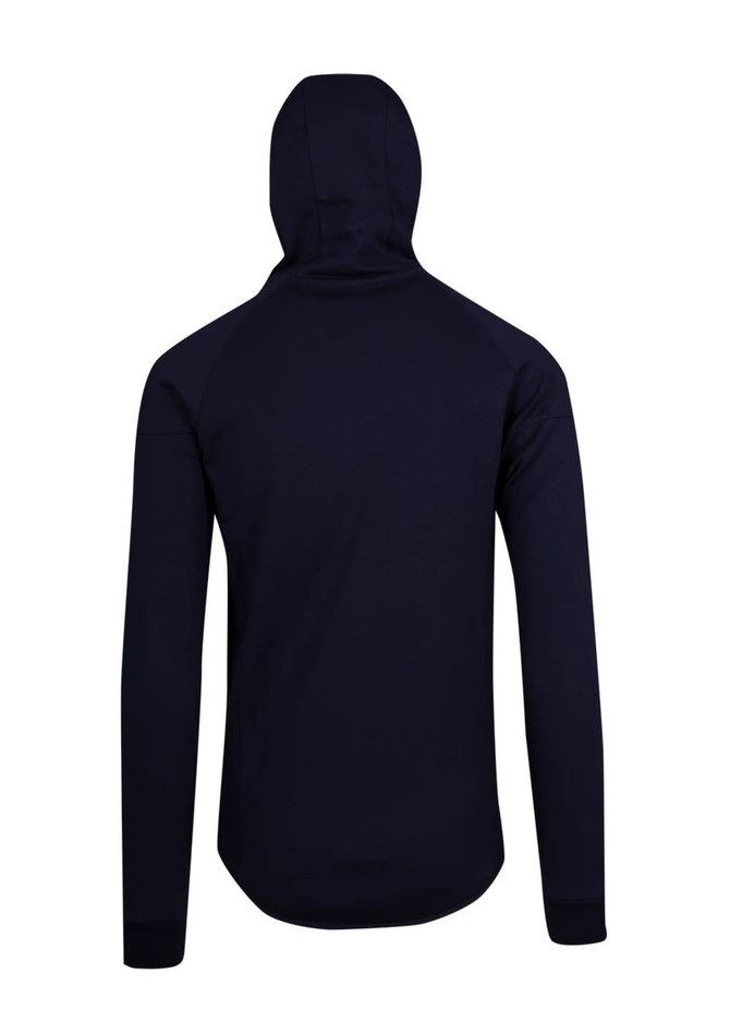 A navy hoodie made from soft cotton and bonded polar fleece, featuring a built-in hood and long sleeves.