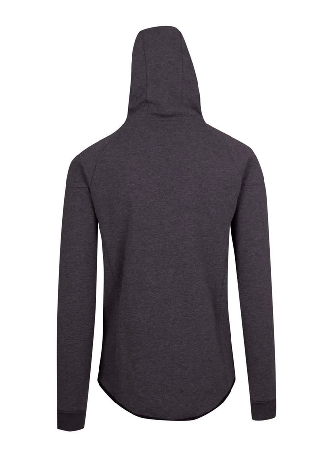 A dark grey men's hoodie made from soft cotton and bonded polar fleece, featuring a hood and long sleeves.
