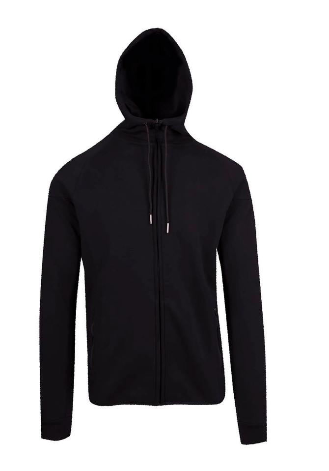 A black men's hoodie made from soft cotton and bonded polar fleece, featuring a hood and zip front, with a logo.