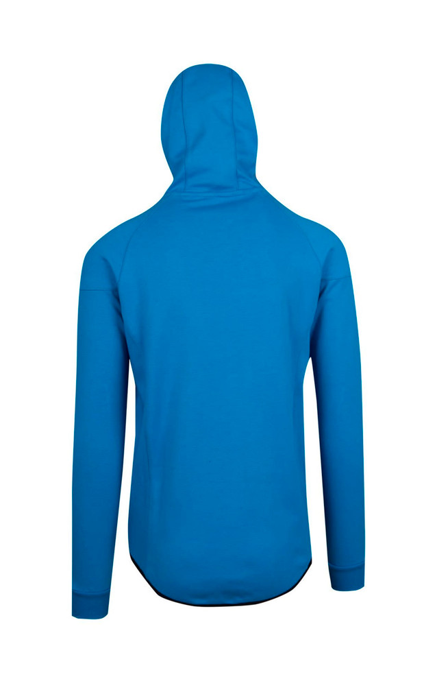 A blue polar fleece hoodie with a hood and long sleeves, featuring a simple design and a logo on the back.