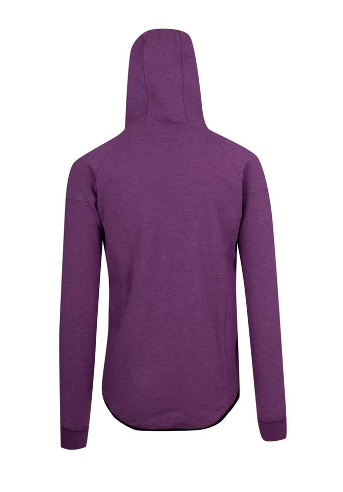 A purple hoodie made from 320gsm soft cotton and bonded polar fleece, featuring a hood and a logo.