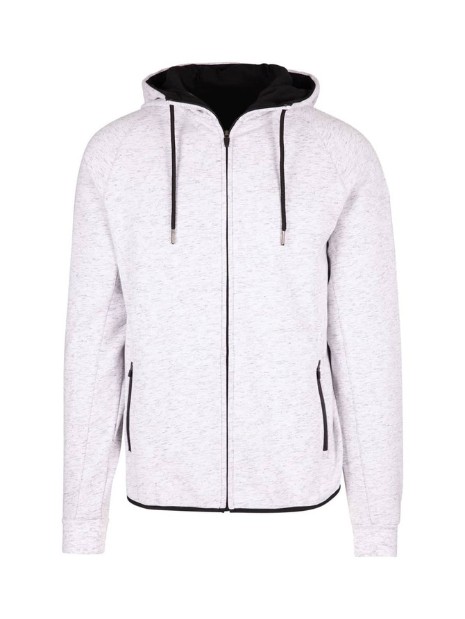 A grey and black hoodie with a zip front, featuring a hood and side pockets, with a logo on it.