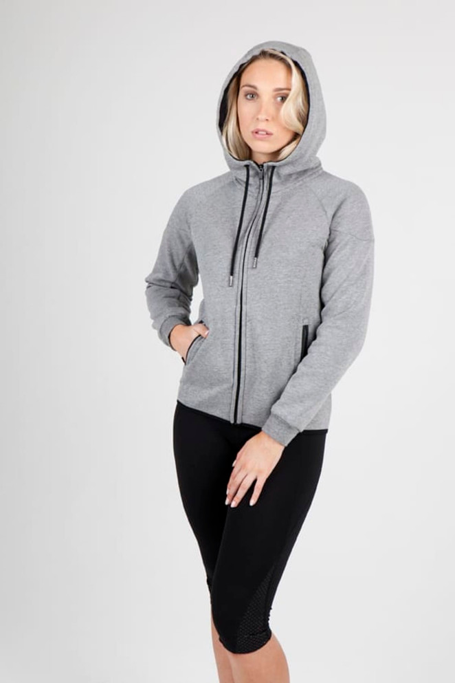 A grey hoodie made of soft cotton and bonded polar fleece, featuring a hood and zippered pockets.