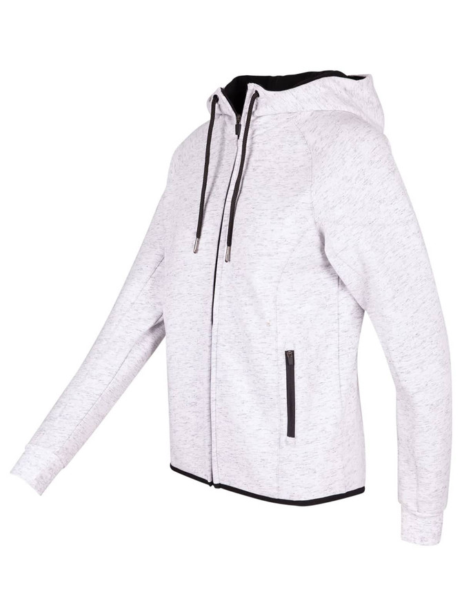 A women's junior grey hoodie made from soft cotton and bonded polar fleece, featuring a zip front and pockets.