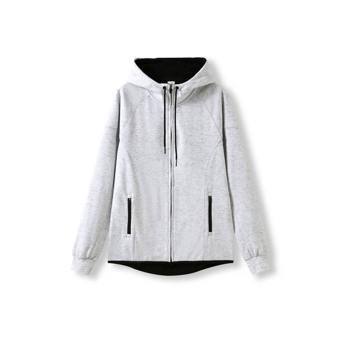 A grey women's junior hoodie made of soft cotton and bonded polar fleece, featuring a zip and pockets, with a black hood interior.