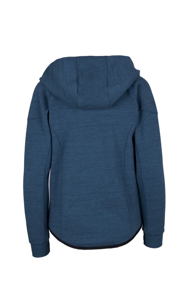 A blue women's/junior hoodie made from soft cotton and bonded polar fleece, featuring a hood and long sleeves.