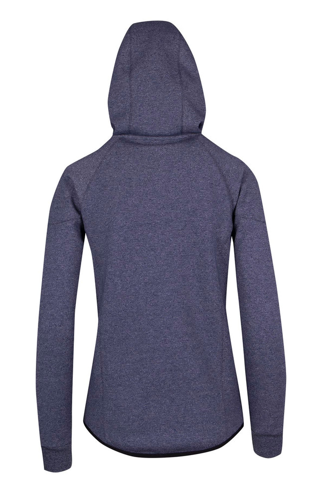 A navy blue women's junior hoodie with a fitted design and a hood, featuring a back view. It has a logo.