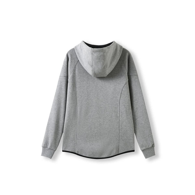 A grey women's junior hoodie made of soft cotton and bonded polar fleece, featuring a fitted design and hood.