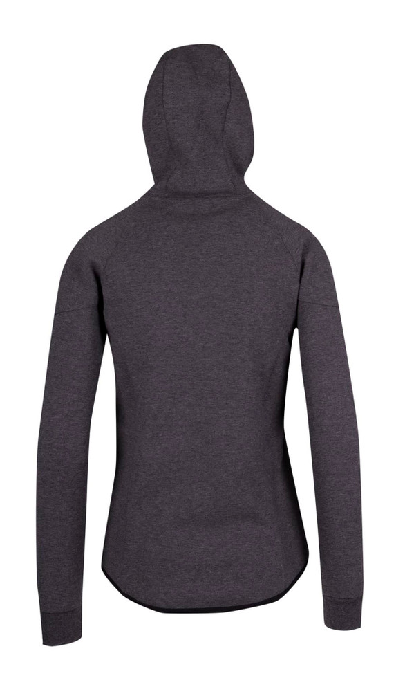 A dark grey women's polar fleece hoodie with a hood and long sleeves, featuring a smooth, fitted design.