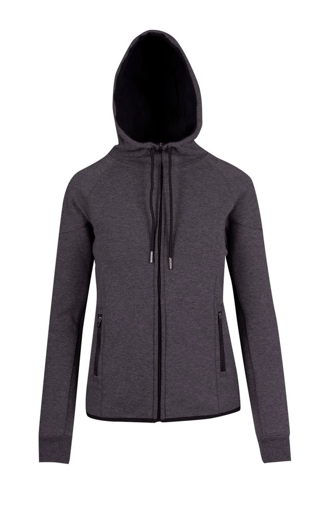 A women's junior 320gsm soft cotton bonded polar fleece hoodie in grey with a hood and zippered pockets, featuring a logo.
