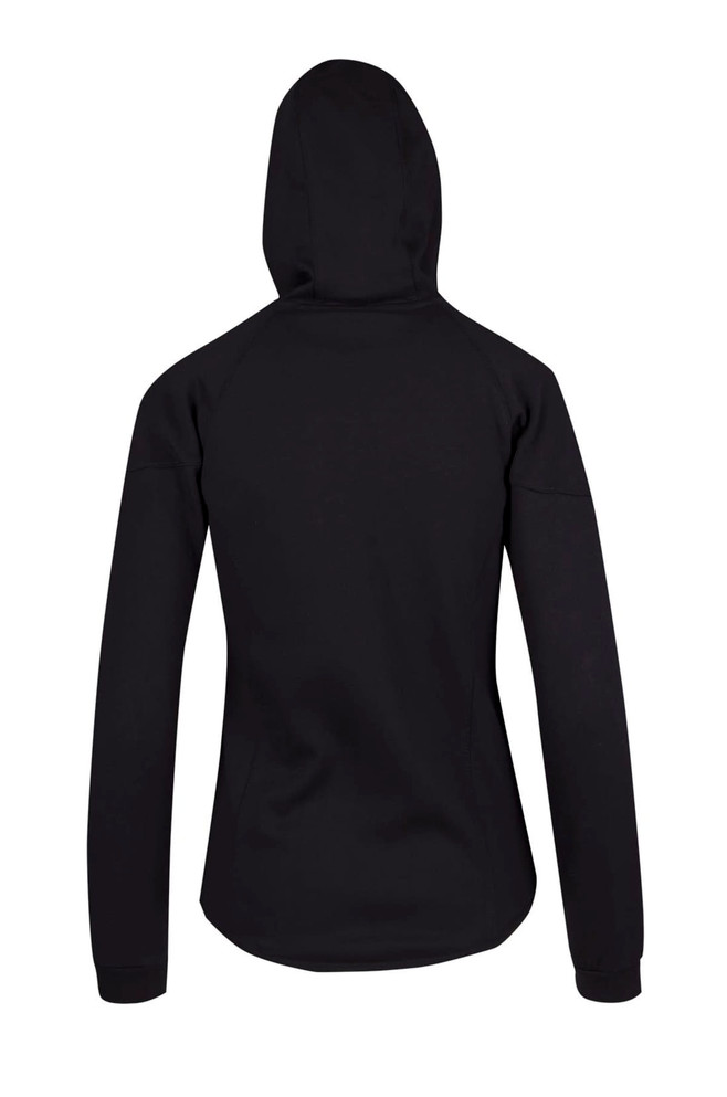 A black women's junior hoodie made of soft cotton and bonded polar fleece, featuring a hood and long sleeves.