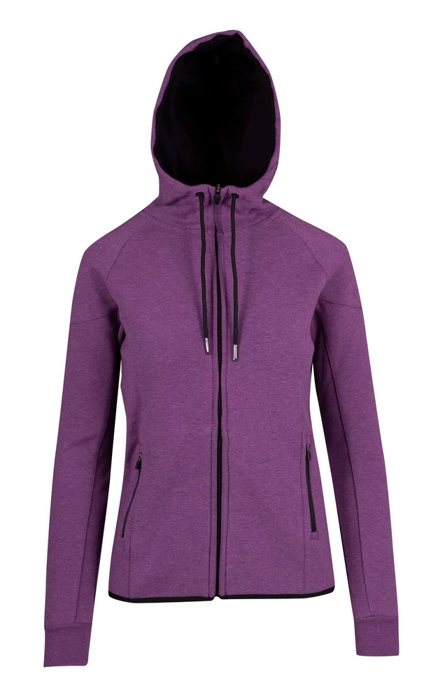A purple women's/junior hoodie made from soft cotton and bonded polar fleece, featuring a zipper and pockets.