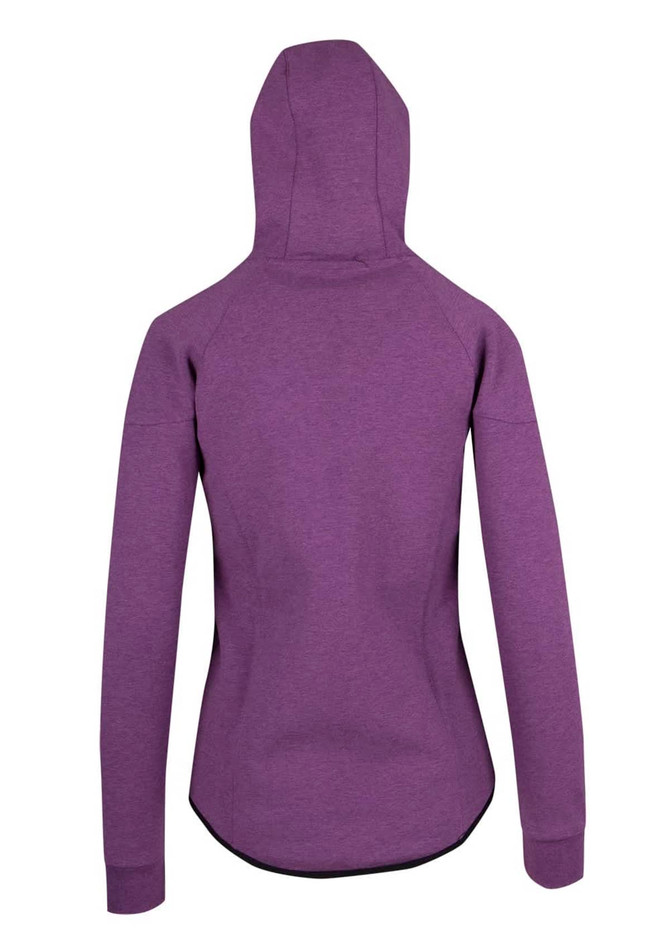 A purple women's junior hoodie made from soft cotton and bonded polar fleece, featuring a hood and a seamless back design.