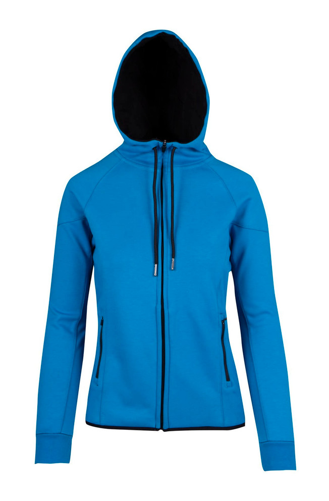 A blue women's hoodie features a bonded polar fleece material, zip closure, and a contrasting black hood.