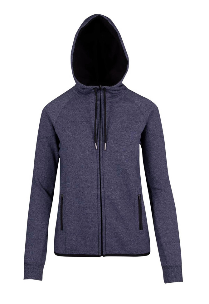 A navy blue hoodie featuring a zip front, pockets, and a hood, with a contrasting interior colour.