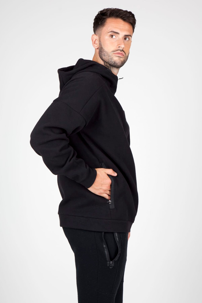 A black men's hoodie with a zippered side pocket, featuring a relaxed fit and a hood.