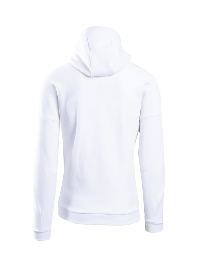 A white men's hoodie featuring a standard hood and long sleeves, with a plain back design.