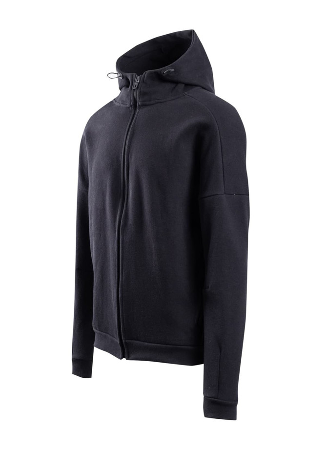 A black men's hoodie with a zip-up front and a hood, featuring a logo on one sleeve.