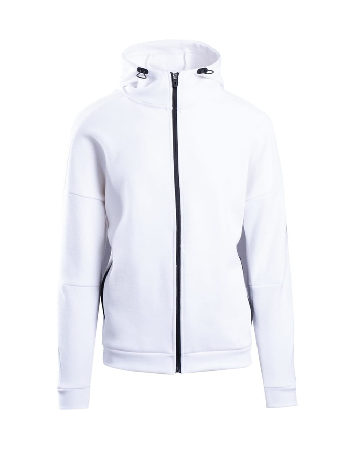 A white men's hoodie with a zip front, featuring a hood and drawstring, and a logo on the sleeve.