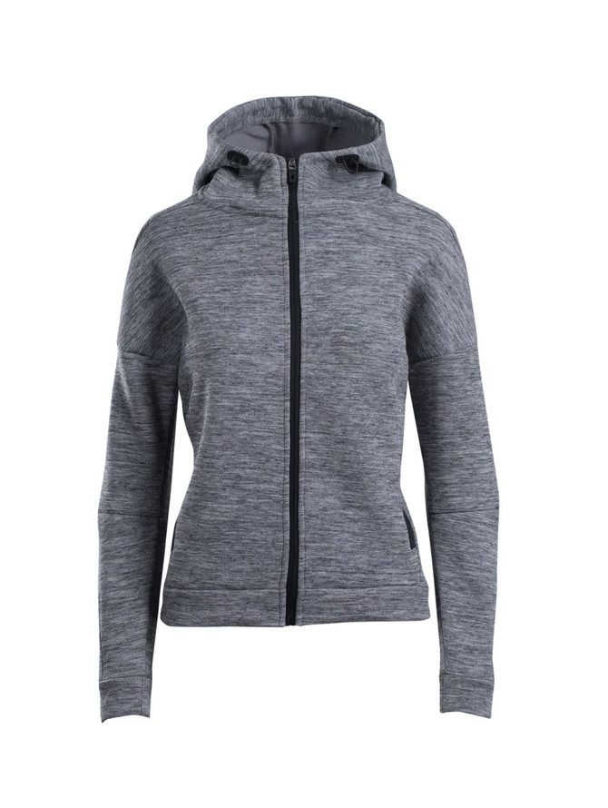 A grey women's/juniors' hoodie with a zip front and a hood, featuring a logo on the chest.