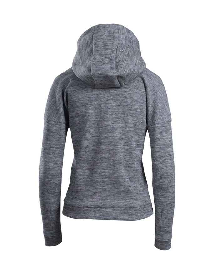 A grey women's/juniors' hoodie featuring a hood and a subtle textured fabric design.