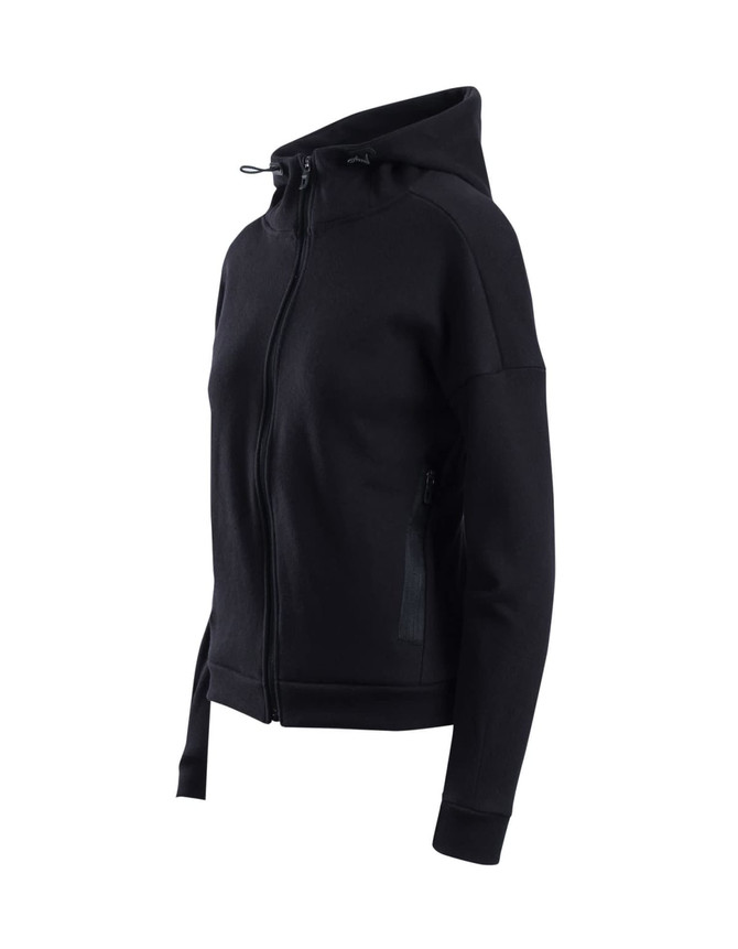 A black women's/juniors' hoodie with a zip front, side pockets, and a hood. It features a logo detail.