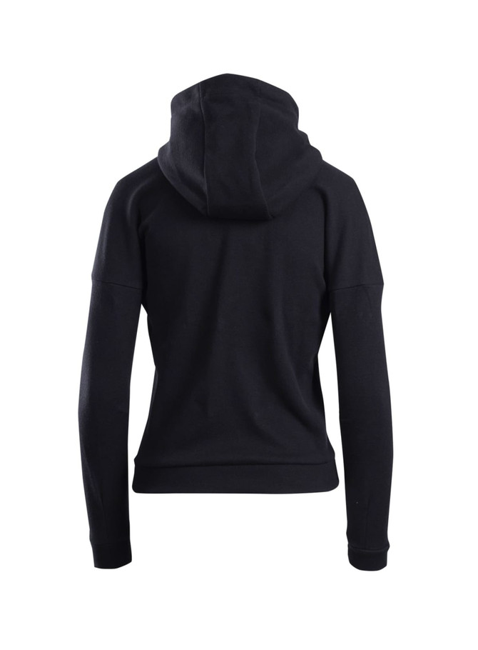 A black women's/juniors' hoodie featuring a hood and long sleeves, displayed from the back.